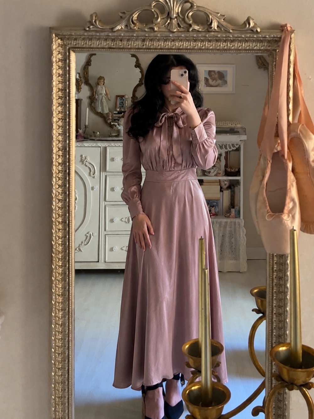 Pink Satin Long-Sleeve Maxi Dress with Neck Tie
